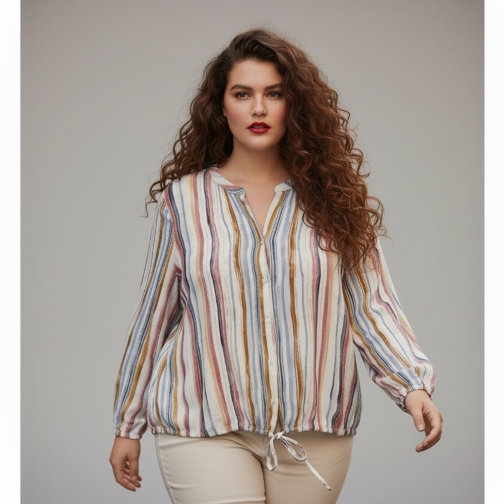 Dex Multi-Color Striped Bell Sleeve Button Down Blouse Plus Size 1X